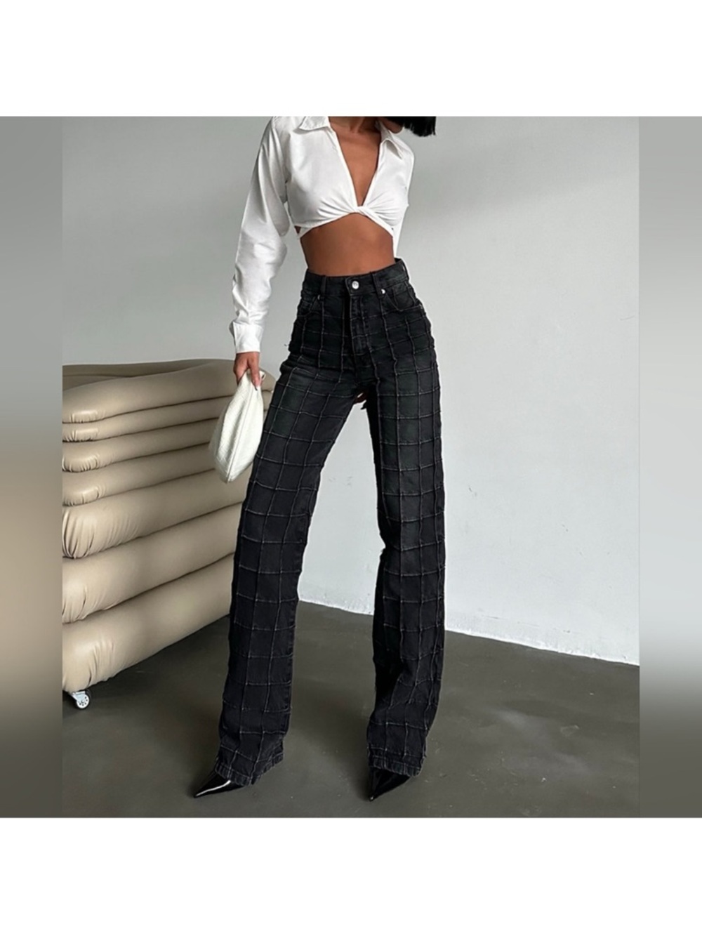Piral Stitched Square Straight-Leg Jeans High-Waisted Pants size large black